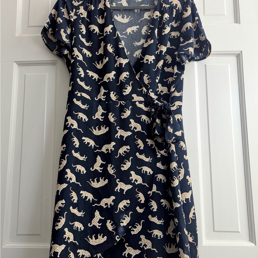 J. Crew Black Wrap Dress with Cream Animal Print